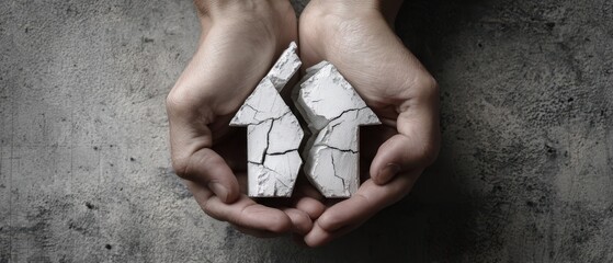The Hands Cradling Broken House Models Symbolizing Vulnerability and Protection