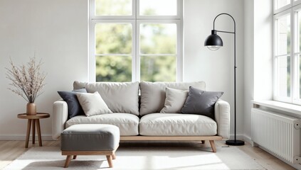 Fototapeta premium Modern Living Room Interior with Stylish Furniture and Neutral Tones