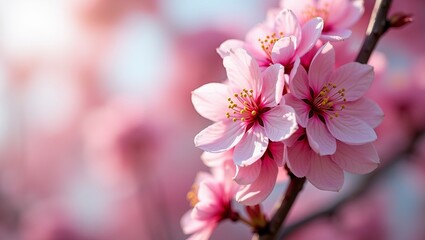 Fototapeta premium Cherry blossom flowers in full bloom on a branch with soft pink background and natural sunlight in spring season