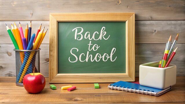 Colorful stationery items, including pencils and an apple, are arranged on a wooden desk beside a chalkboard with the phrase "Back to School" for educational themes and seasonal promotions