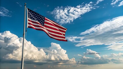 American flag waving proudly against a backdrop of fluffy clouds and a bright blue sky, symbolizing freedom and patriotism in a serene outdoor setting