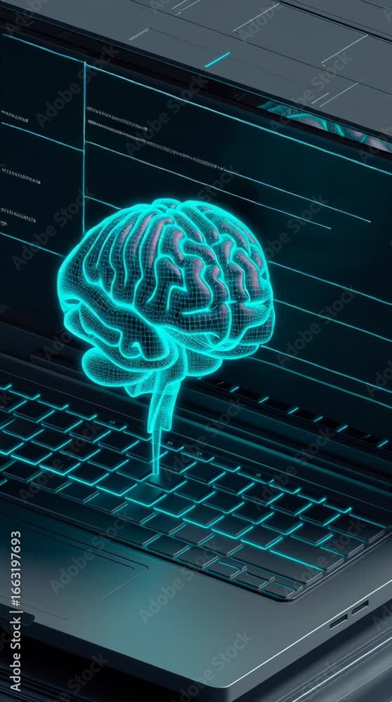 Poster exploring the connection between artificial intelligence and human cognition in a digital landscape 