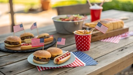 Delicious assortment of burgers and hot dogs garnished with small flags on a rustic wooden table, perfect for summer gatherings and festive celebrations with friends and family