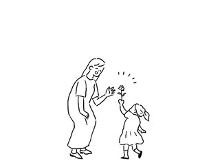 お母さん、女性に花を渡す小さな女の子、線画、