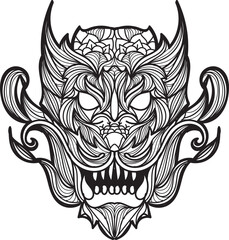 Intricate black and white line art illustration of a fierce, stylized mythical creature's face with swirling patterns.
