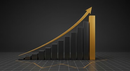 Abstract bar chart with ascending bars and a sleek arrow threading through, restrained gold highlights, clean grid, large negative space for headline, corporate style