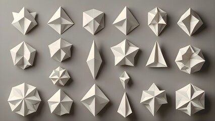 Obraz premium Origami paper pieces hanging on a wall in various colors and folds, showing intricate paper craftsmanship, texture details, artistic arrangement, and decorative creative patterns