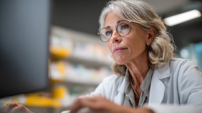 Mature female pharmacist concentrates on computer work in a modern pharmacy during working hours