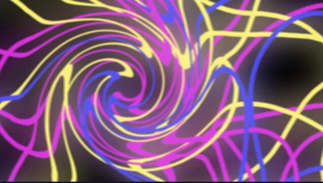 Abstract neon swirl background with colorful light trails in motion.