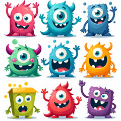 Big Eyed Monsters with Expressing Emotions Vector Set. Monster colorful round silhouette icon set. Cute cartoon kawaii scary funny baby character. Flat vector illustration.