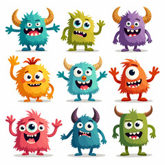 Big Eyed Monsters with Expressing Emotions Vector Set. Monster colorful round silhouette icon set. Cute cartoon kawaii scary funny baby character. Flat vector illustration.