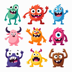 Funny cartoon monster faces set. Illustration of monsters or aliens different expression. 