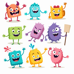 Funny cartoon monster faces set. Illustration of monsters or aliens different expression. Halloween design. Vector isolated