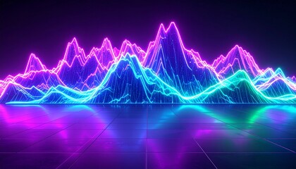 Digital energy waves forming holographic mountains, shifting neon colors reflecting on sleek polished floors in high detail