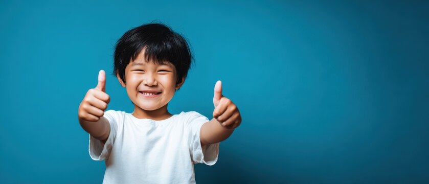 The joyful child giving two thumbs up in a vibrant blue setting.