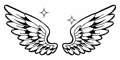 Obraz premium Two stylized angel wings with detailed feathers and two stars placed above them in black and white style on transparent background