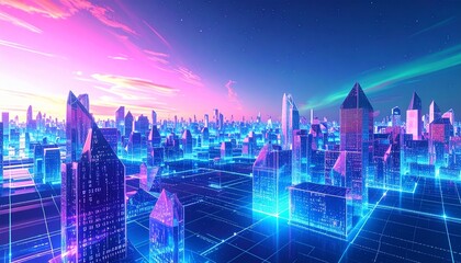 Digital landscape with crystalline structures made of holographic code, glowing softly under a surreal artificial sky.