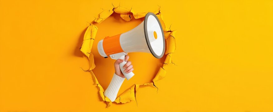 The vibrant megaphone breaking through a yellow wall for impactful announcements.
