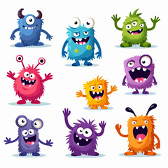 Cartoon baby monsters, face templates. Screaming aliens and halloween mutants, eyes and teeth, scary horn animal toys, super funny heads. Nursery design, vector tidy flat illustration