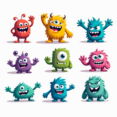 Cartoon baby monsters, face templates. Screaming aliens and halloween mutants, eyes and teeth, scary horn animal toys, super funny heads. Nursery design, vector tidy flat illustration