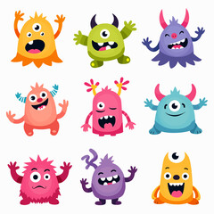 Cartoon baby monsters, face templates. Screaming aliens and halloween mutants, eyes and teeth, scary horn animal toys, super funny heads. Nursery design, vector tidy flat illustration