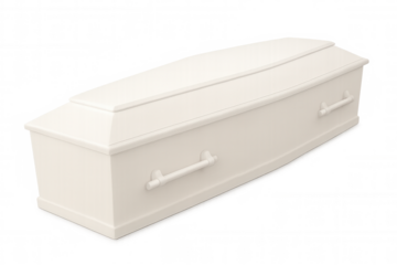 White coffin positioned against transparent backdrop, representing grief and final farewell