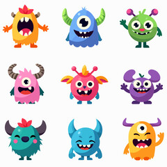 Big Set of isolated funny friendly monsters or Aliens. Cosmic monsters collection. Mascot characters. Kids funny character design for nursery, posters, cards., magazines. Vector illustration