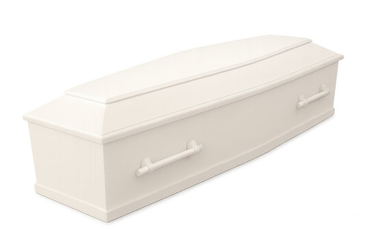 White coffin positioned against transparent backdrop, representing grief and final farewell