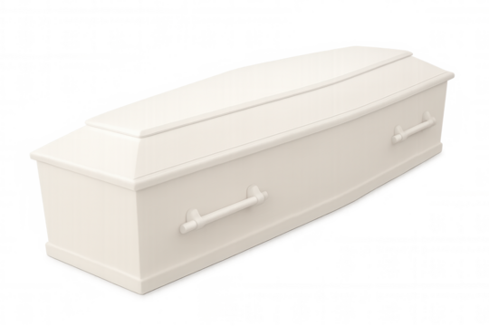 White coffin positioned against transparent backdrop, representing grief and final farewell - Powered by Adobe