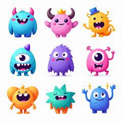 Set of cute and colorful cartoon monsters in simple shapes. Fun and playful characters ideal for children’s designs, educational materials, stickers, and party decorations. 
