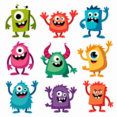 Funny cartoon monster set with cute animal and alien characters smiling
