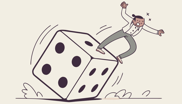a mini greedy investor man dare trying to standing on a huge spinning unstable dice trying to stable himself