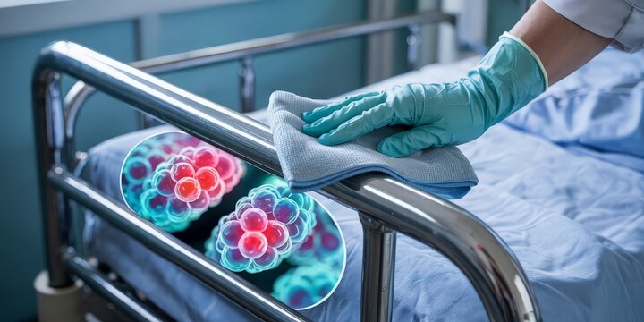 A gloved hand uses a disinfectant cloth to clean a metal bed rail, with a microscopic view revealing MRSA bacteria being eliminated