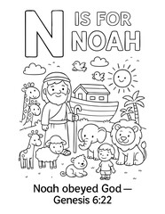 letter n with noah ark animals genesis 6 22 noah obeyed god concept of christian coloring page vector illustration bible alphabet sunday school activity faith story scripture learning for children