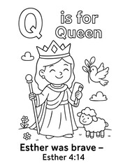 letter q with queen esther 4 14 esther was brave concept of christian coloring page vector illustration bible alphabet sunday school activity scripture story learning for children