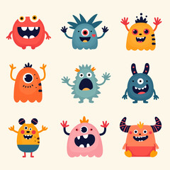 Funny cartoon monster collection with cute animals and playful characters
