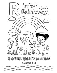 letter r with rainbow genesis 9 13 god keeps his promises concept of christian coloring page vector illustration bible alphabet sunday school activity scripture story learning for children
