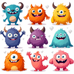 Funny cartoon monster character collection with cute animal faces and colorful comic design
