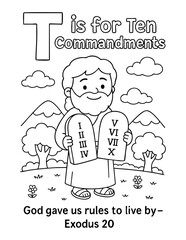letter t with ten commandments exodus 20 god gave us rules christian coloring page vector illustration bible alphabet sunday school activity scripture learning for children