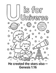 letter u with universe genesis 1 16 he created the stars christian coloring page vector illustration bible alphabet sunday school activity scripture learning for children