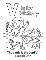 letter v with victory david and goliath 1 samuel 17 47 christian coloring page vector illustration bible alphabet sunday school activity scripture learning for children