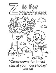 letter z zacchaeus luke 19 5 christian coloring page vector illustration bible alphabet kids activity jesus story come down stay at your house today christian alphabet learning