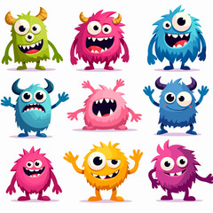 Collection of unusual cute monsters. Fictional quirky characters.