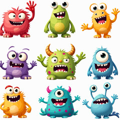 Collection of unusual cute monsters. Fictional quirky characters.