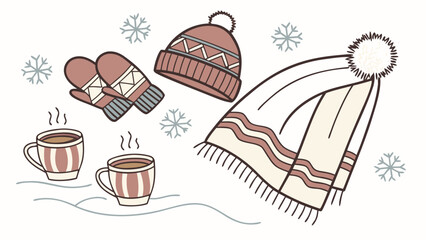 Cozy winter accessories with hot drink in winter background
