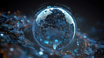 A globe made entirely of holographic light, surrounded by abstract data symbols, representing world trade connections. 