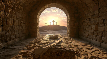 Tomb Empty With Shroud And Crucifixion At Sunrise - Resurrection Of Jesus Christ. empty tomb of Jesus Christ. The view is from inside the dark cave, looking out to a bright