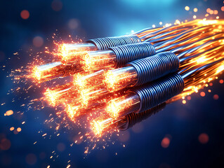 Fototapeta premium Connection of Optical fiber cable, Power electrical energy and lightning spark. 