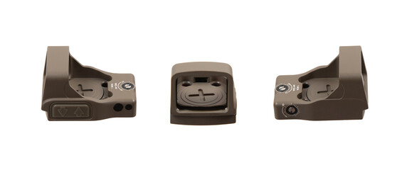 A tan firearm optic shown from three angles on a clean white back