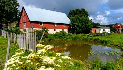 Countryside scene with a red barn and pond